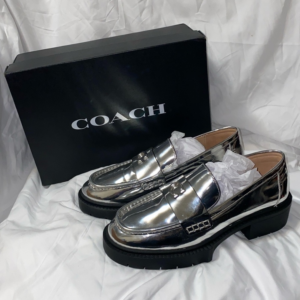 Coach Leah Silver Metallic Platform Lug Sole Loafers. Women’s size 8.